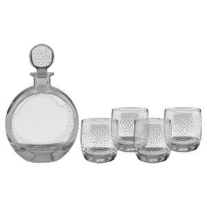 750ml Flat Round Glass Decanter Set with Four DG302S 10 oz. Rocks Glasses in Black Gift Box with Printed Paper Sleeve (Stones not Included)