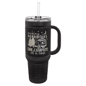 Polar Camel 40 oz. Black with Black/Silver Laserable Leatherette Travel Mug with a Handle & Straw
